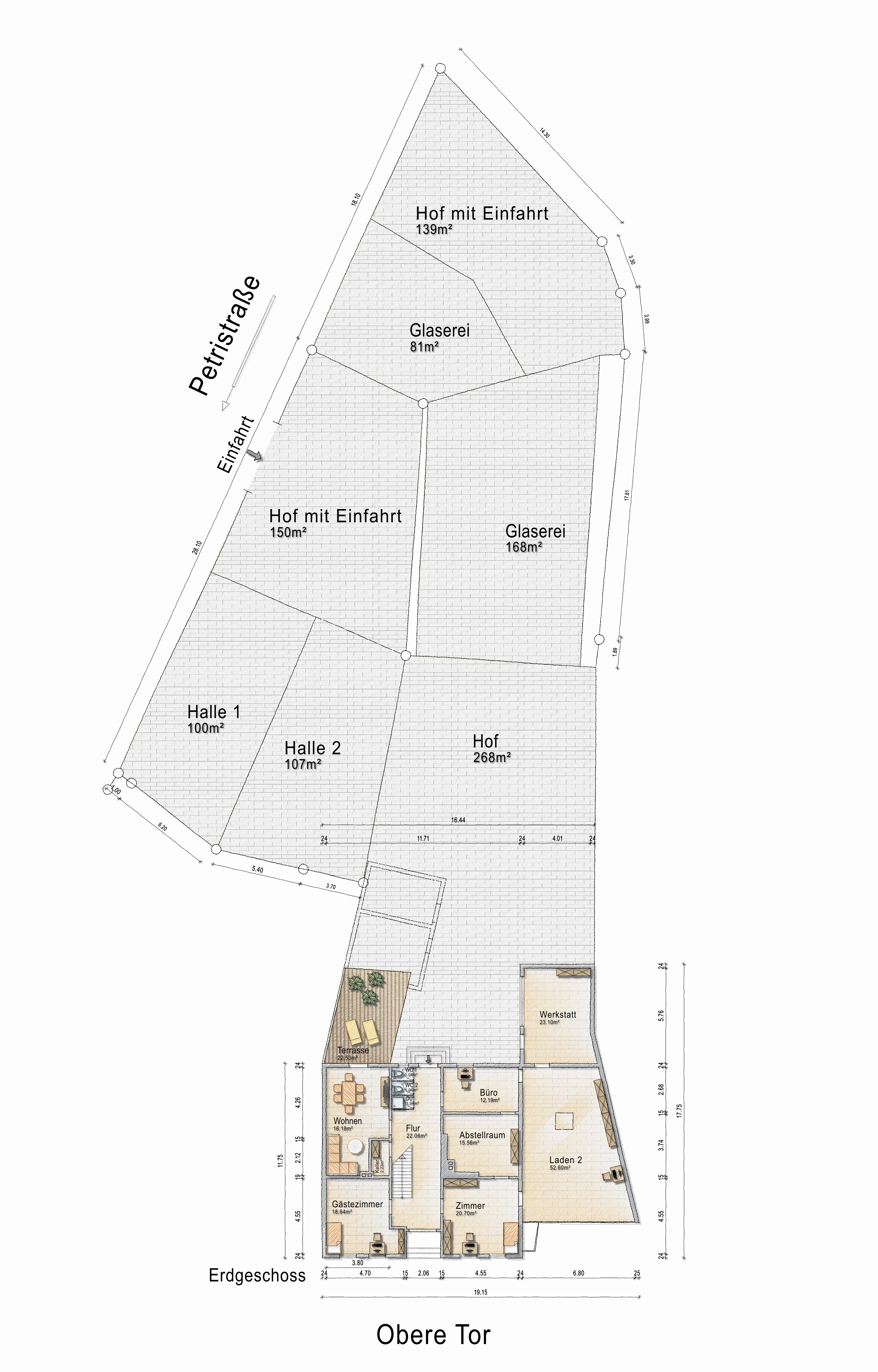 Grundriss, Hallen plus Hofansicht